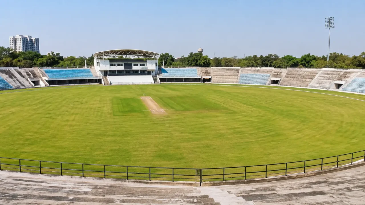 Empty cricket stadium with green outfield and concrete stands in Greater Noida, ahead of Big Cricket League matches starting June 3, 2026