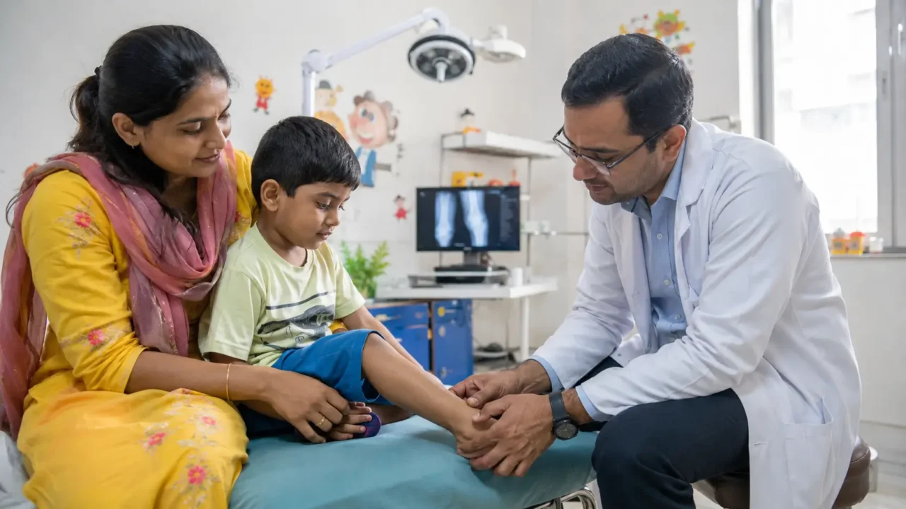 Doctor examining a child’s leg in a paediatric clinic, representing orthopaedic care at GIMS Greater Noida.