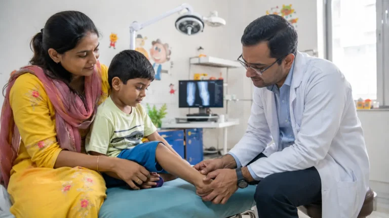 Doctor examining a child’s leg in a paediatric clinic, representing orthopaedic care at GIMS Greater Noida.