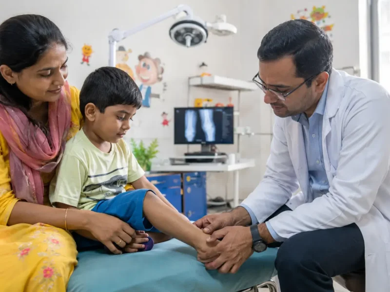 Doctor examining a child’s leg in a paediatric clinic, representing orthopaedic care at GIMS Greater Noida.