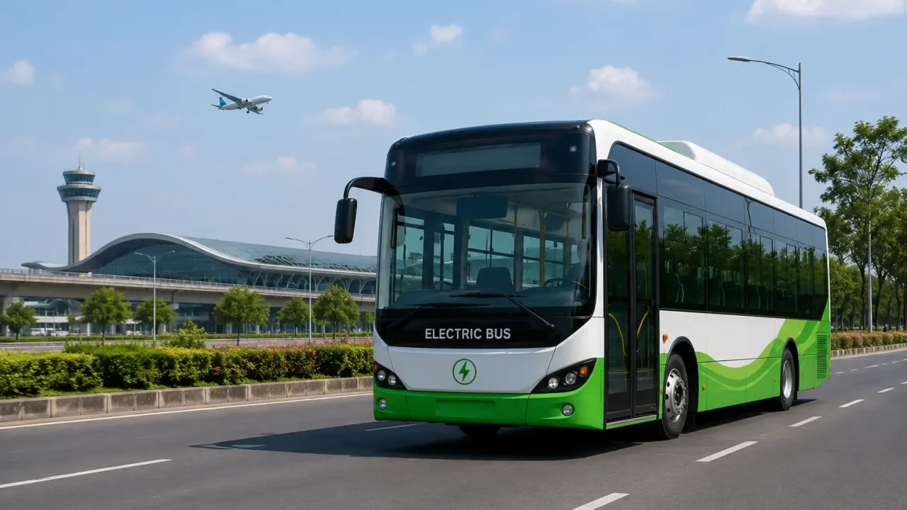 Electric bus on a modern urban road representing planned public transport connectivity between Greater Noida and Noida International Airport.