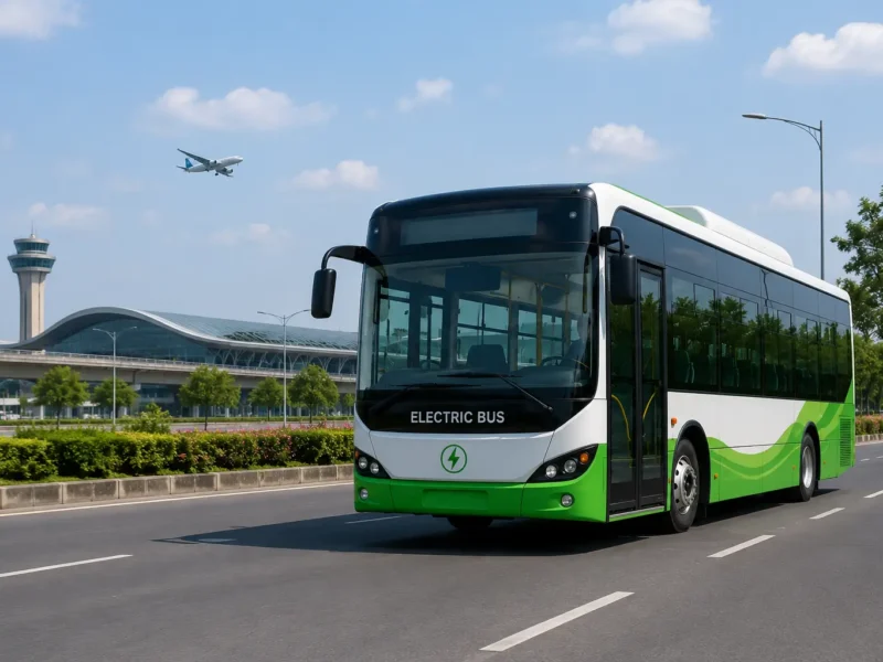 Electric bus on a modern urban road representing planned public transport connectivity between Greater Noida and Noida International Airport.
