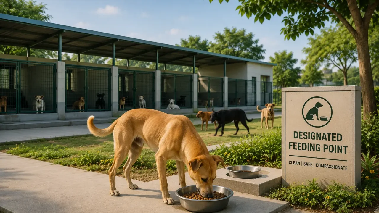 Community dog eating at a clean designated feeding point near a shelter, representing Greater Noida’s Jalpura dog shelter plan and Noida feeding points.