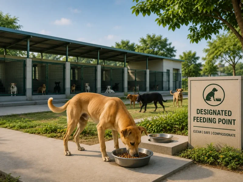 Community dog eating at a clean designated feeding point near a shelter, representing Greater Noida’s Jalpura dog shelter plan and Noida feeding points.