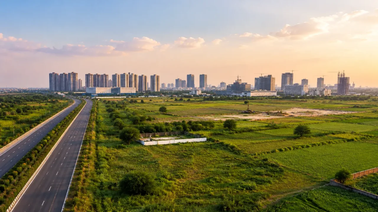 Open land, road corridor and distant urban development representing the reported New Noida land acquisition plan across 37 villages.
