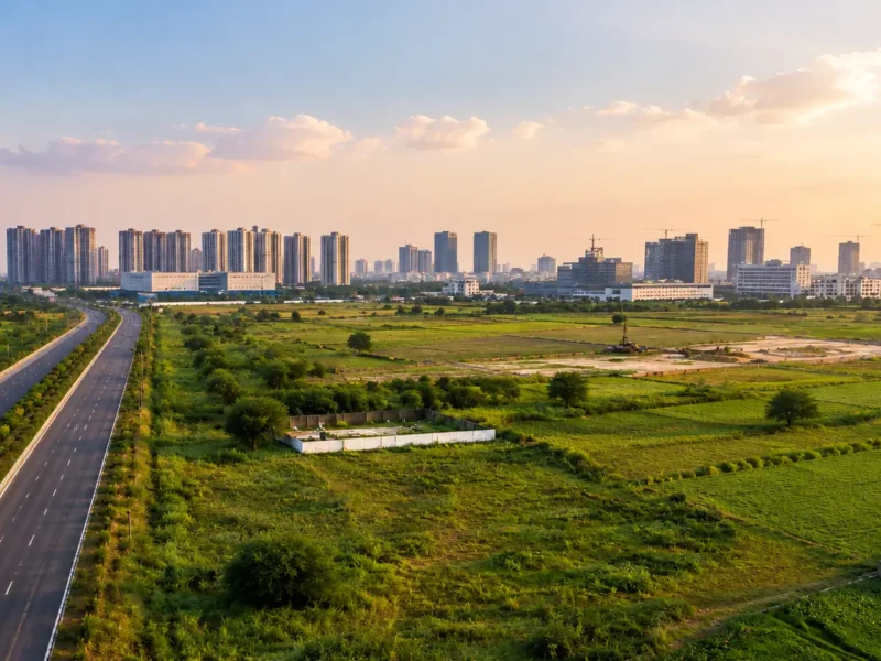 Open land, road corridor and distant urban development representing the reported New Noida land acquisition plan across 37 villages.