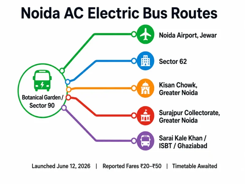 Noida AC electric bus routes connecting Botanical Garden, Sector 90, Sector 62, Greater Noida, Ghaziabad and Jewar Airport
