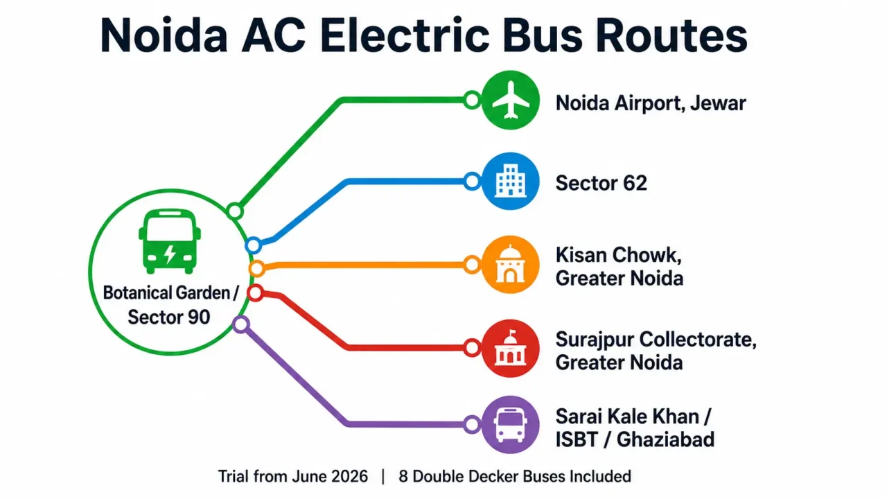 Route map of Noida AC electric bus service showing 5 routes from Botanical Garden Sector 90 to Noida Airport Jewar, Sector 62, Kisan Chowk Greater Noida, Surajpur Collectorate and Sarai Kale Khan ISBT