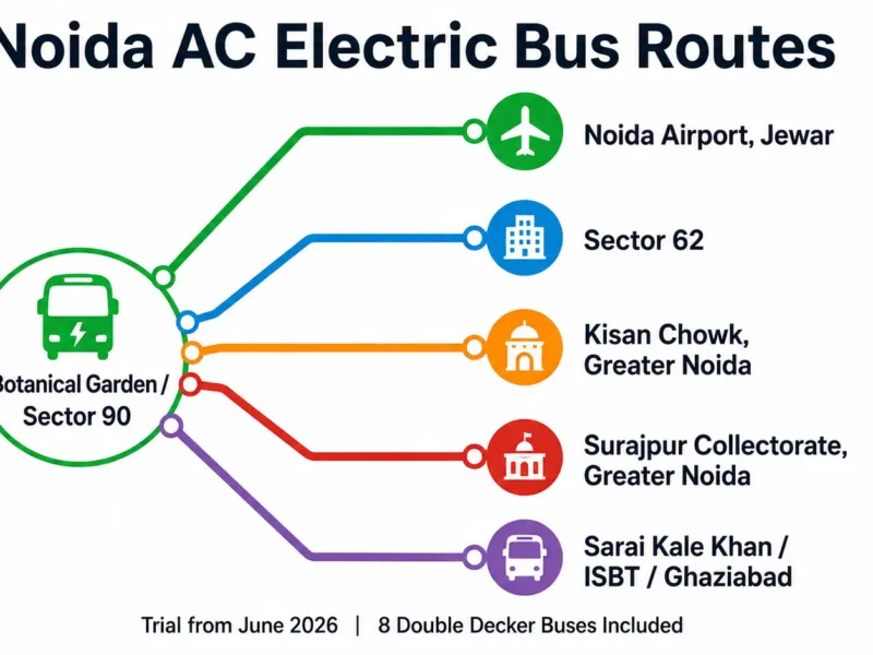 Route map of Noida AC electric bus service showing 5 routes from Botanical Garden Sector 90 to Noida Airport Jewar, Sector 62, Kisan Chowk Greater Noida, Surajpur Collectorate and Sarai Kale Khan ISBT