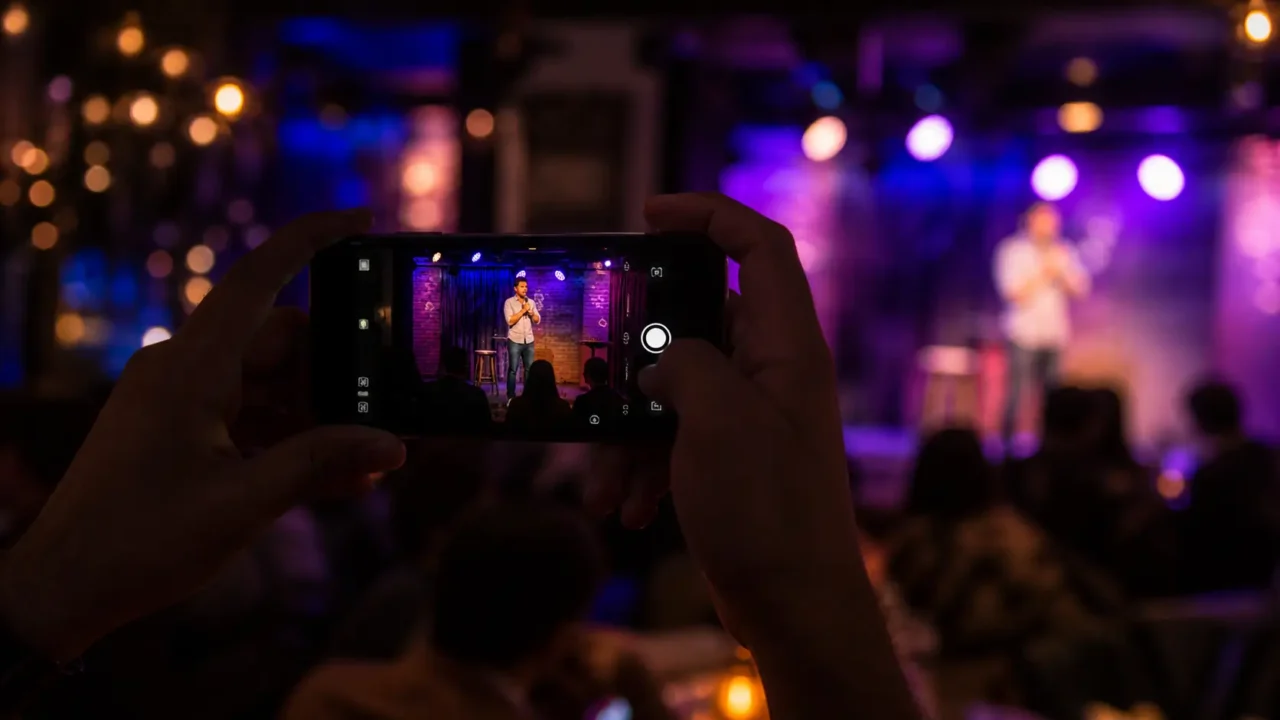 Person taking a photo of a live stand-up comedy show in Noida with a smartphone, dimly lit club stage and nightlife ambiance