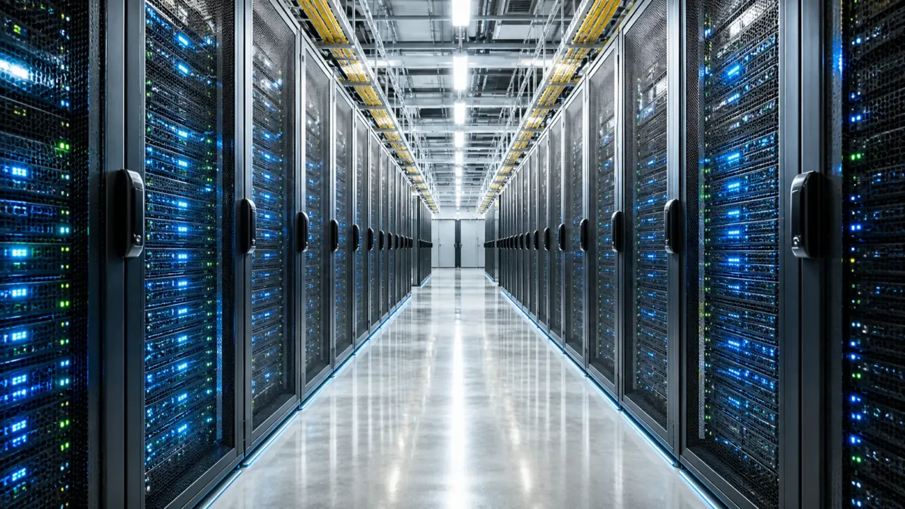 Interior of a modern data center in Noida with server racks and AI infrastructure lighting