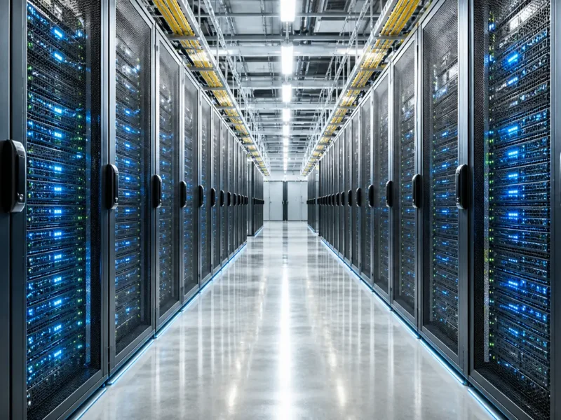Interior of a modern data center in Noida with server racks and AI infrastructure lighting