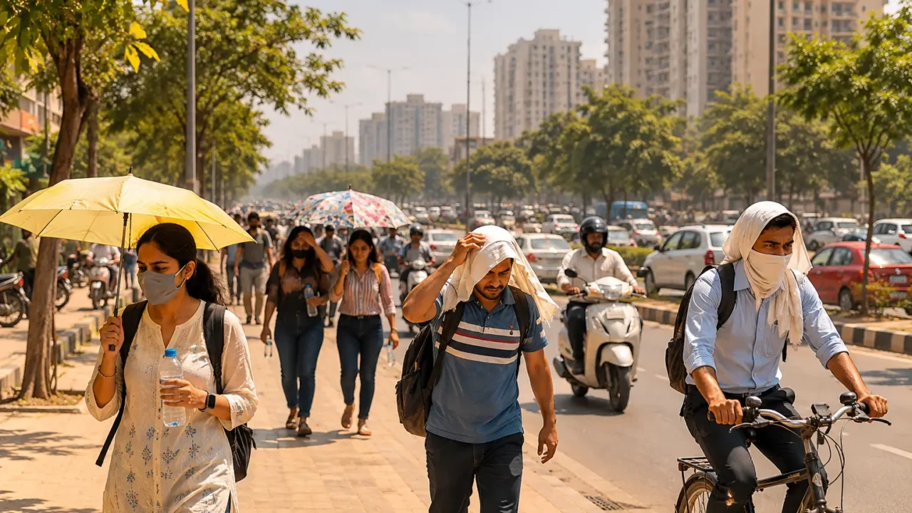 Noida commuters face intense summer heat as temperatures rise around 44 degrees Celsius.