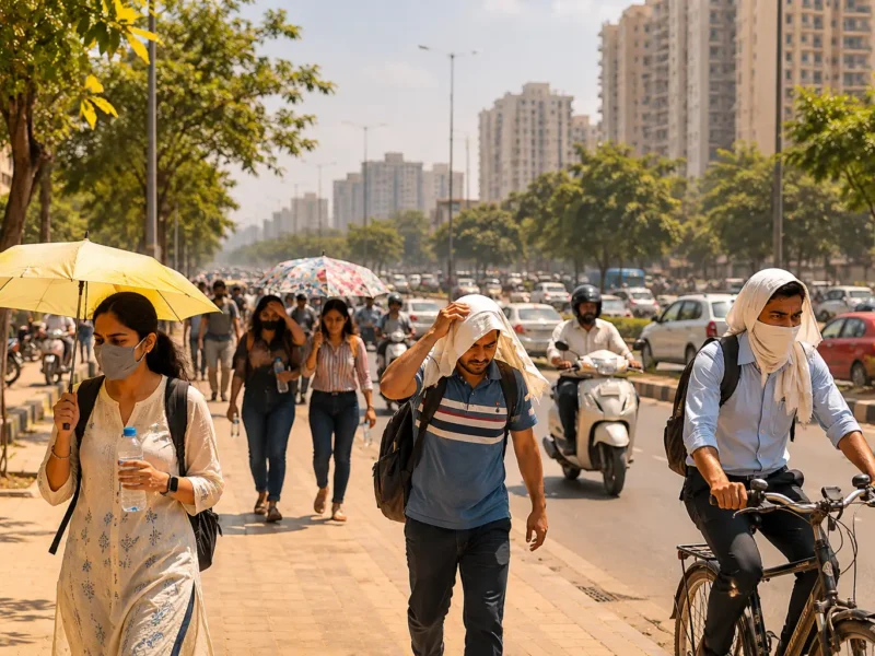 Noida commuters face intense summer heat as temperatures rise around 44 degrees Celsius.