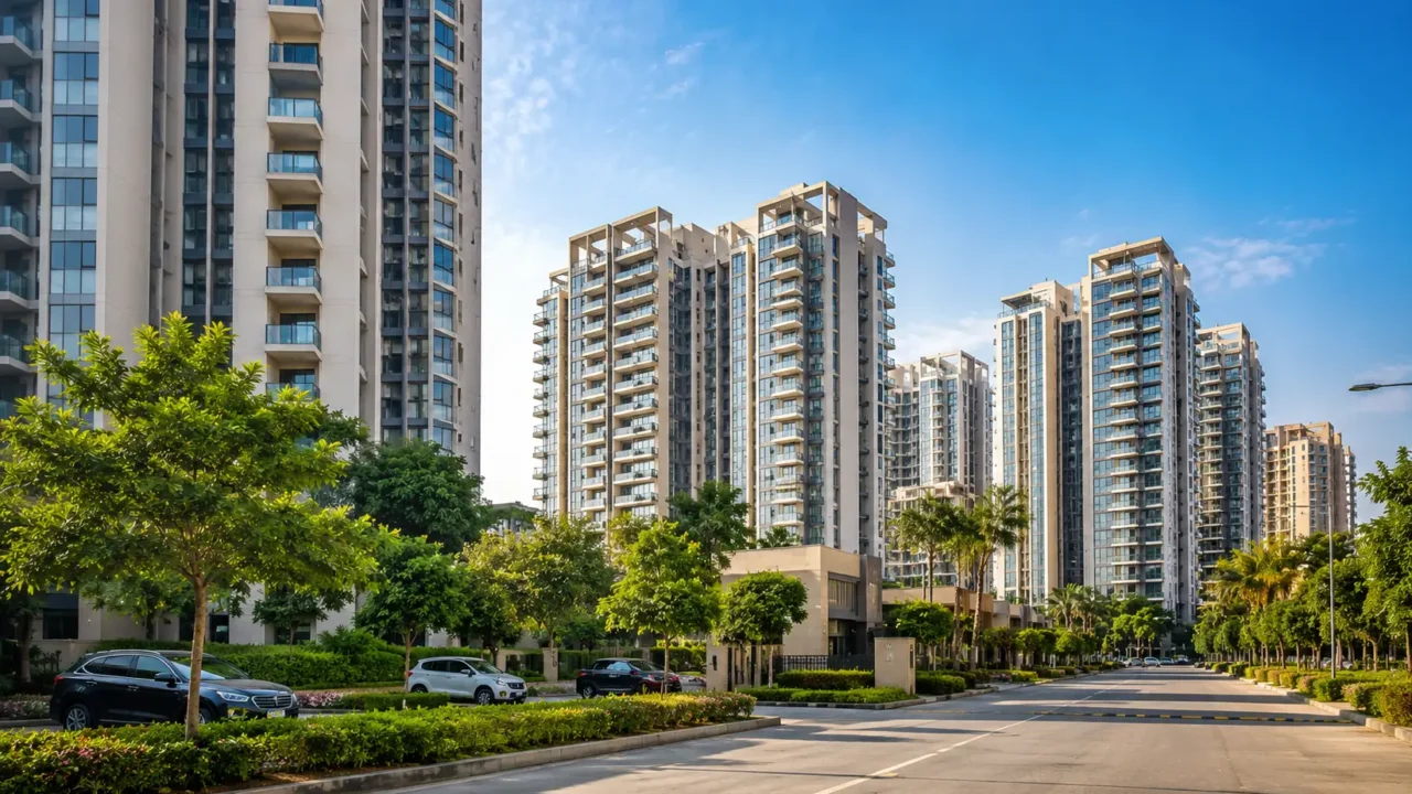 Modern high-rise residential towers in Noida with landscaped greenery and a clear summer sky.