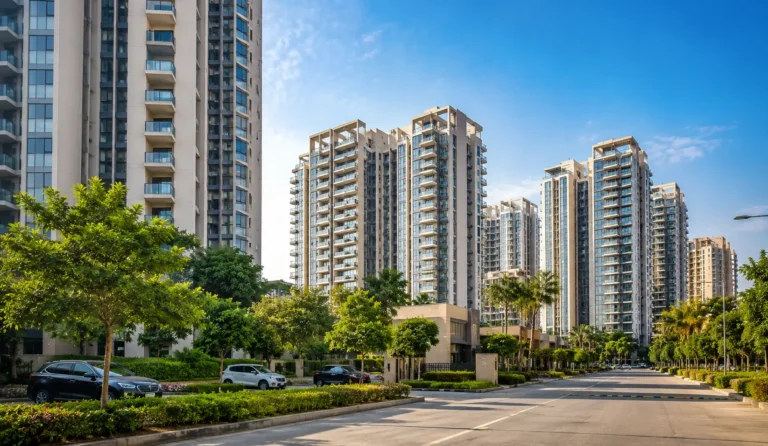 Modern high-rise residential towers in Noida with landscaped greenery and a clear summer sky.