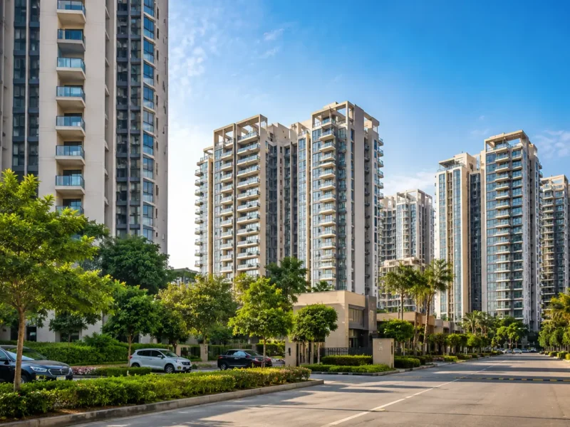 Modern high-rise residential towers in Noida with landscaped greenery and a clear summer sky.
