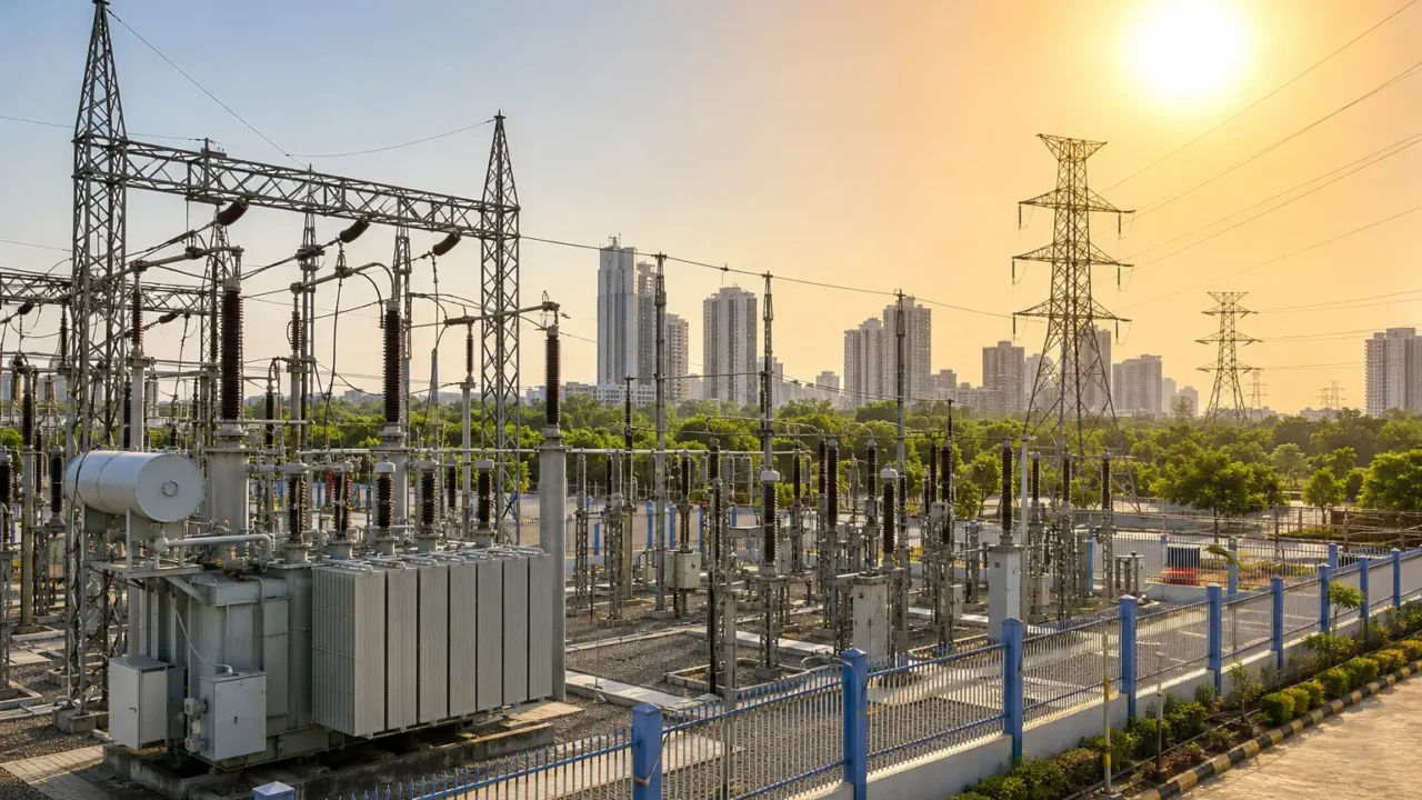 Modern electrical substation under intense summer heatwave conditions in Noida NCR