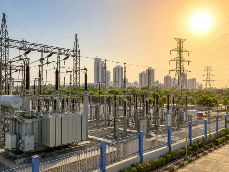 Modern electrical substation under intense summer heatwave conditions in Noida NCR