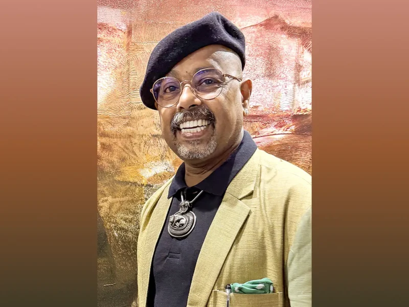 Artist Paresh Maity, whose works Jagriti and Mystic Abode are installed at Noida International Airport