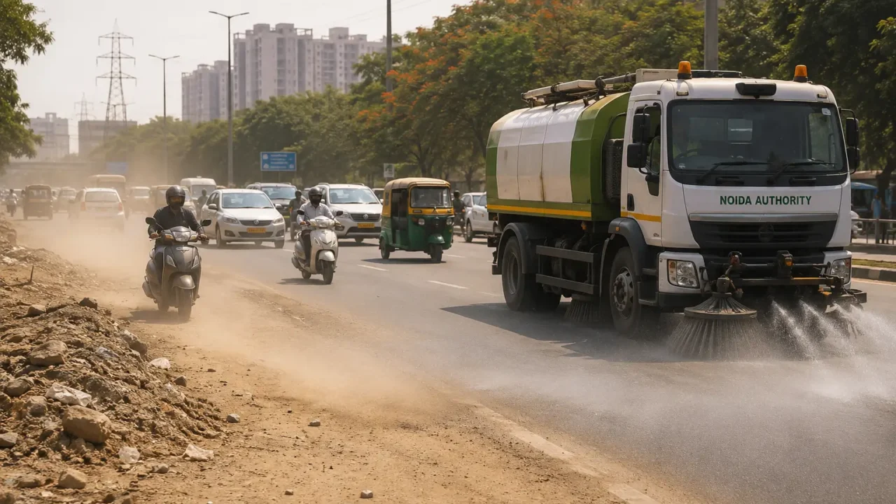 Dusty Noida road with traffic and a street-cleaning vehicle as CAQM calls for stronger road dust control and C&D waste removal.