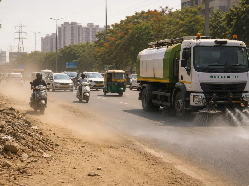 Dusty Noida road with traffic and a street-cleaning vehicle as CAQM calls for stronger road dust control and C&D waste removal.