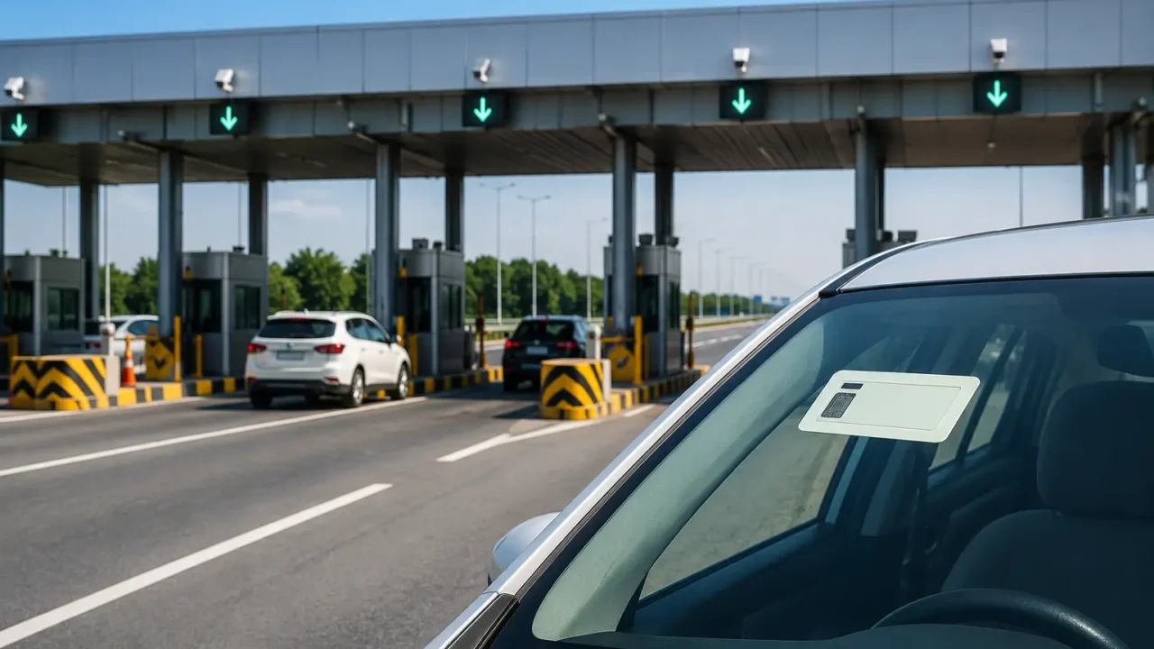 Car with FASTag approaching an electronic highway toll plaza near Noida NCR.