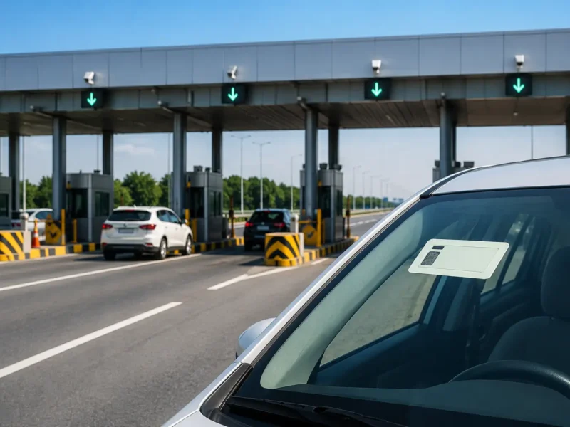 Car with FASTag approaching an electronic highway toll plaza near Noida NCR.