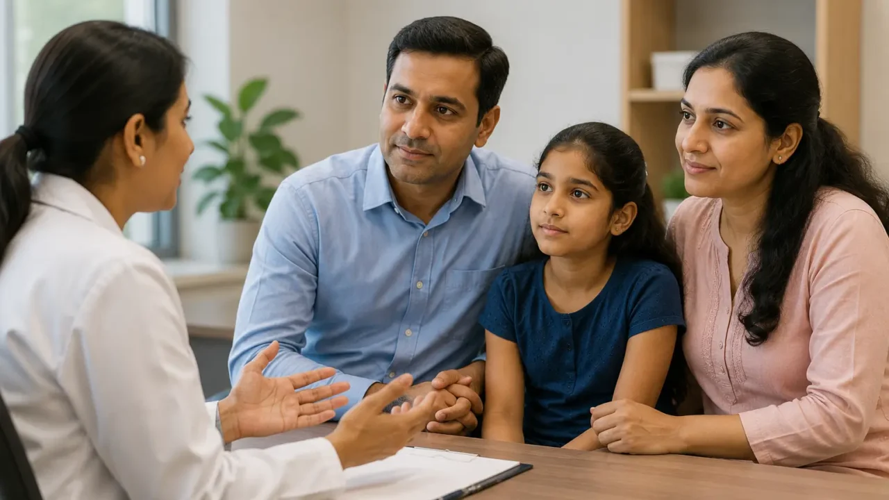 Doctor explains digestive health symptoms to an Indian family during a calm consultation for World IBD Day awareness.