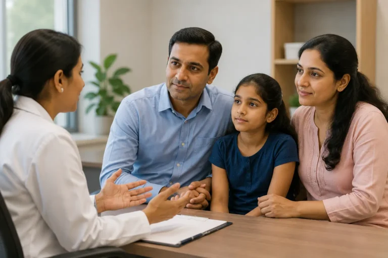 Doctor explains digestive health symptoms to an Indian family during a calm consultation for World IBD Day awareness.