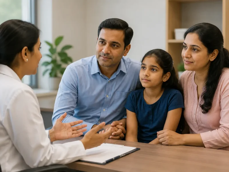Doctor explains digestive health symptoms to an Indian family during a calm consultation for World IBD Day awareness.