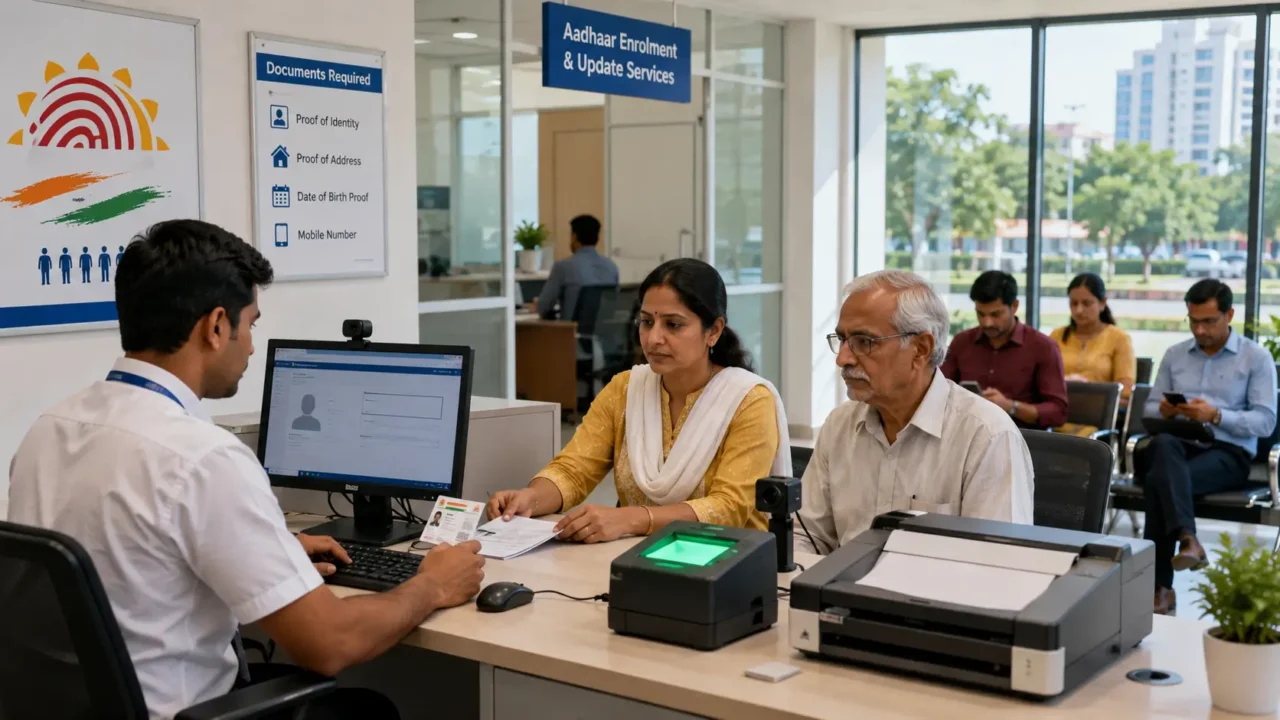 Aadhaar card update centre in Noida with residents completing UIDAI service formalities