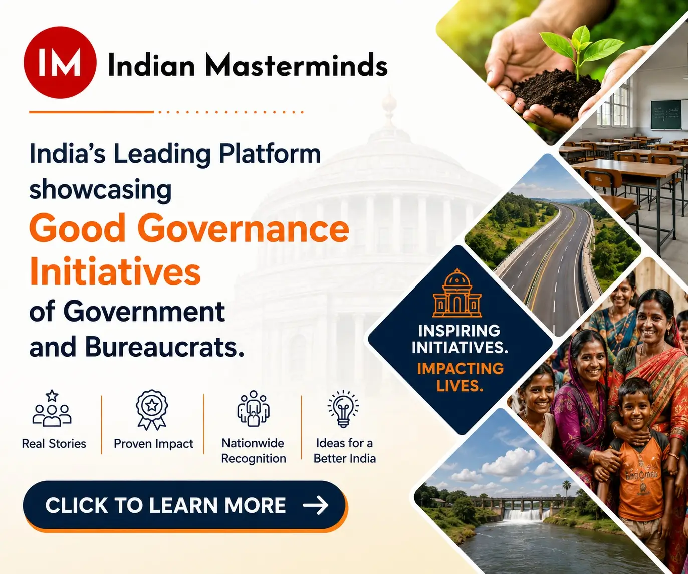 Indian Masterminds banner on governance initiatives and public impact stories