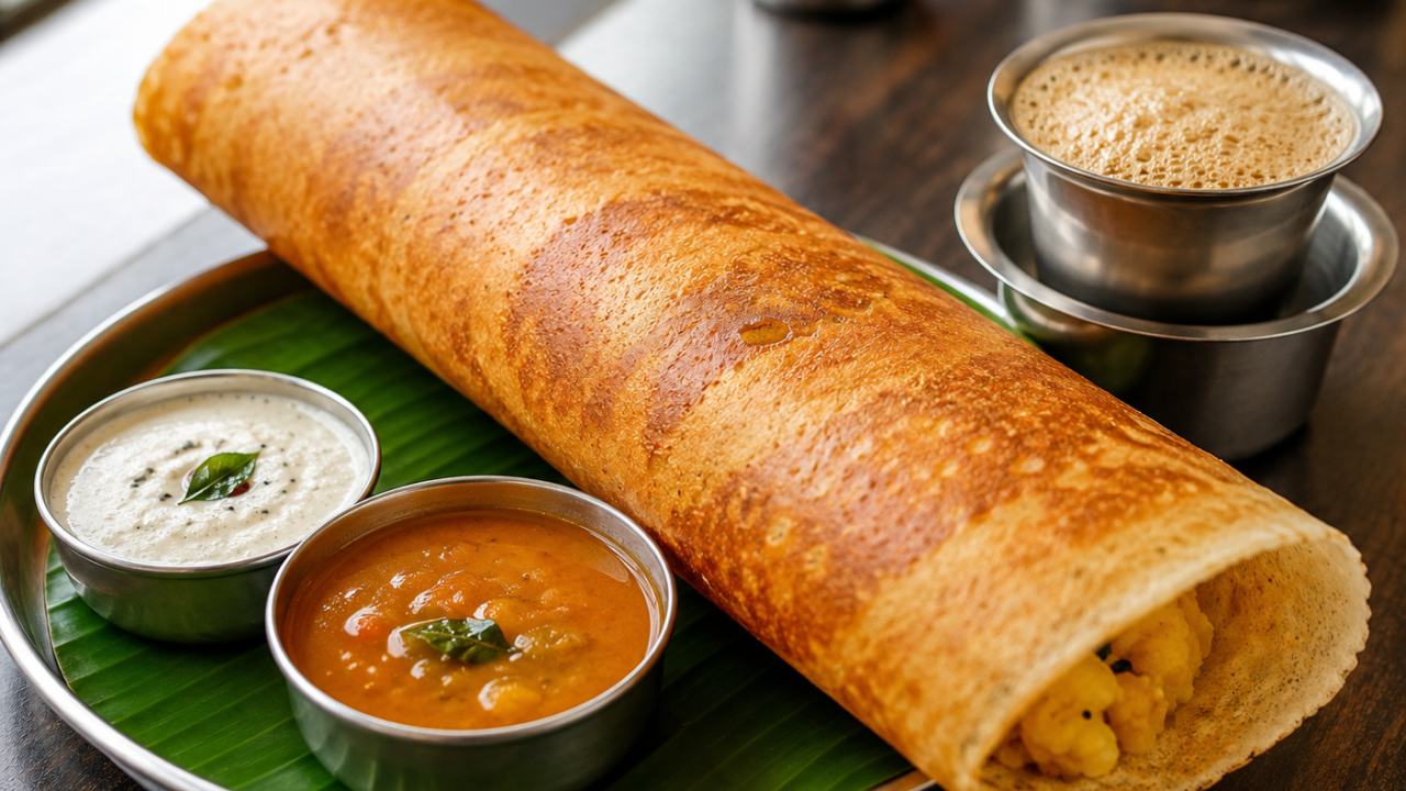 Masala dosa with chutney, sambhar and filter coffee representing Lakshmi Coffee House in Noida