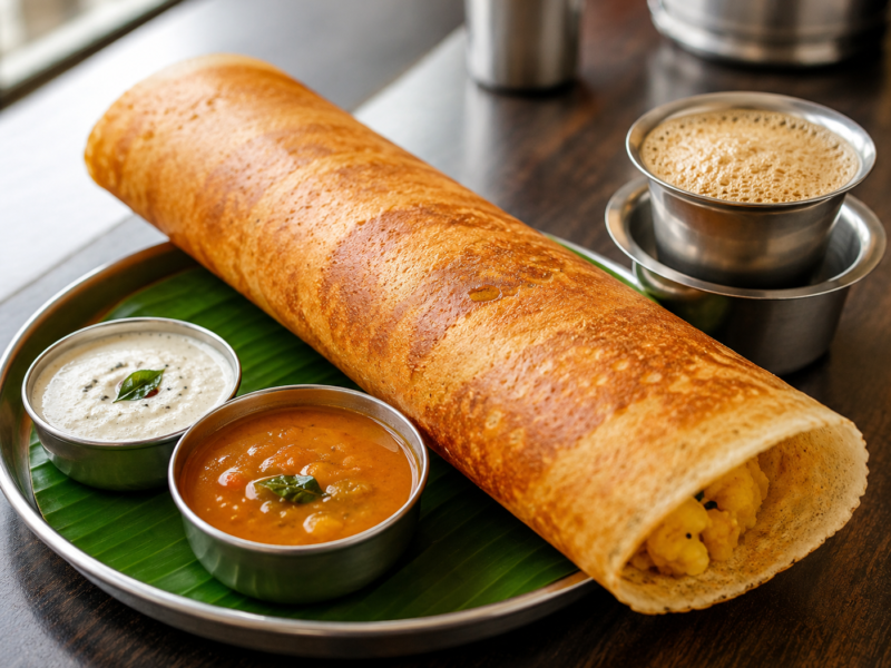 Masala dosa with chutney, sambhar and filter coffee representing Lakshmi Coffee House in Noida