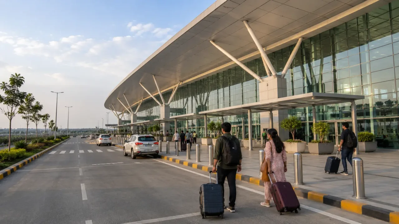 Noida International Airport DXN terminal with passengers at Jewar