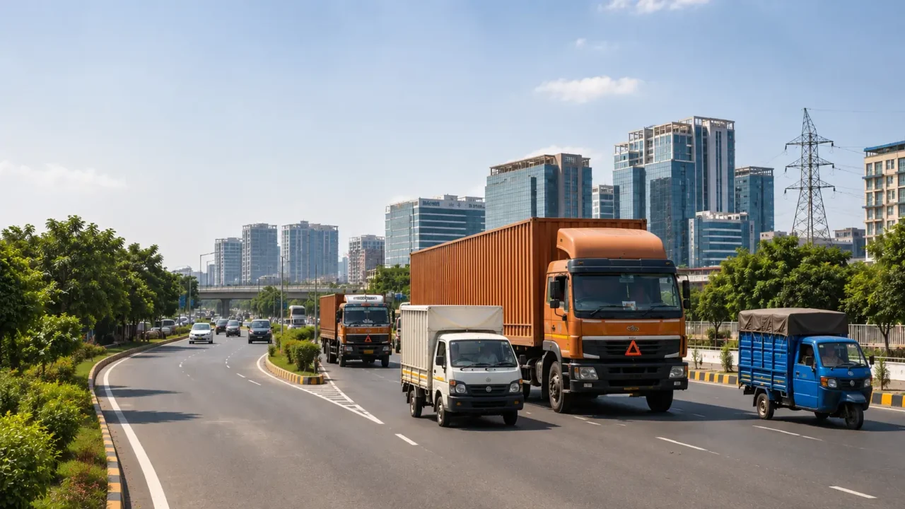 Truck and delivery vehicles on a wide Noida road showing freight movement and city logistics planning.