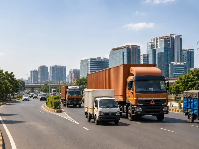 Truck and delivery vehicles on a wide Noida road showing freight movement and city logistics planning.