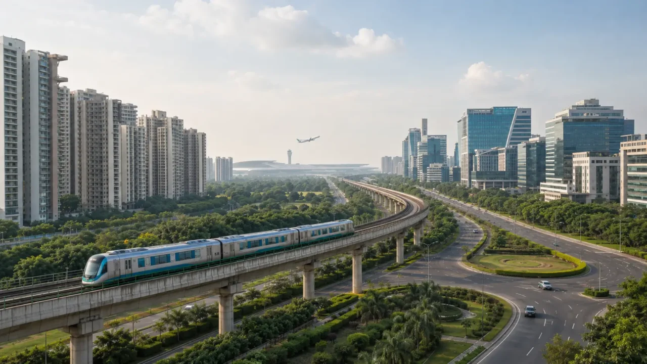 Aerial view of Noida and Greater Noida with elevated metro, high-rise apartments, office buildings, roads and airport in the distance