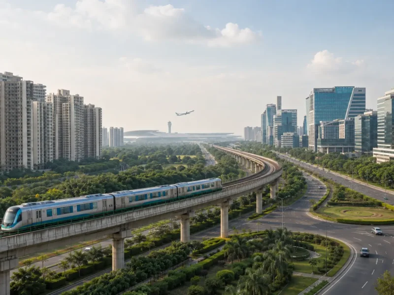 Aerial view of Noida and Greater Noida with elevated metro, high-rise apartments, office buildings, roads and airport in the distance