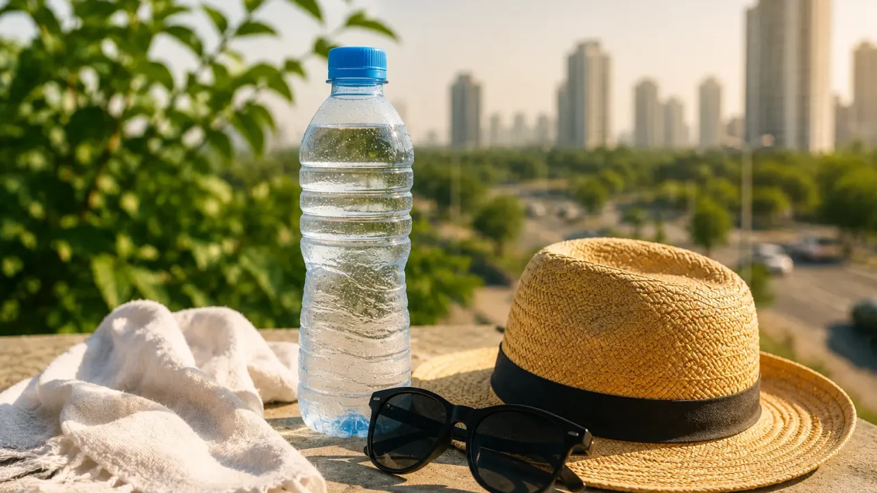 Water bottle sunglasses and summer hat representing heat safety and hydration tips for Noida residents