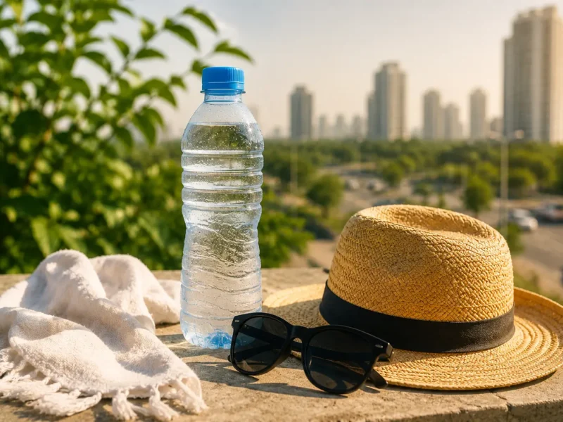 Water bottle sunglasses and summer hat representing heat safety and hydration tips for Noida residents