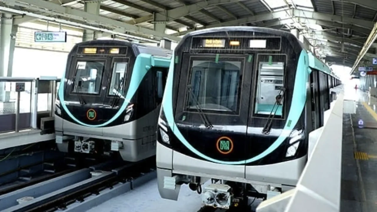 Two Noida Metro Aqua Line trains at station — NMRC Aqua Line extension Greater Noida West