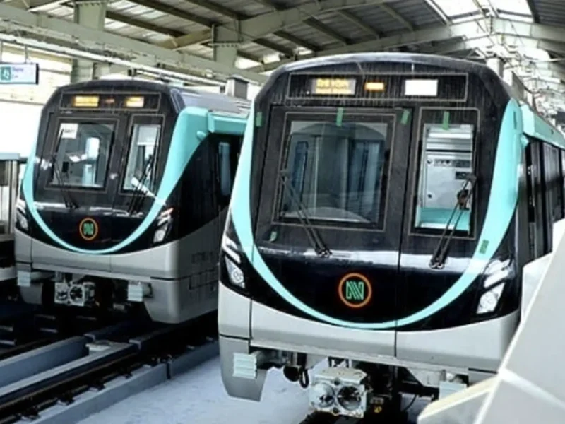 Two Noida Metro Aqua Line trains at station — NMRC Aqua Line extension Greater Noida West