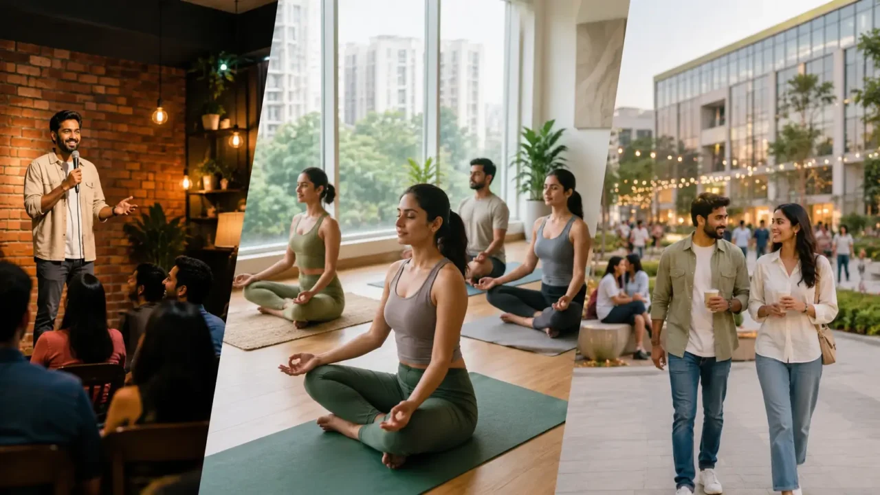 Weekend activities in Noida showing a comedy show, yoga session and modern urban lifestyle setting