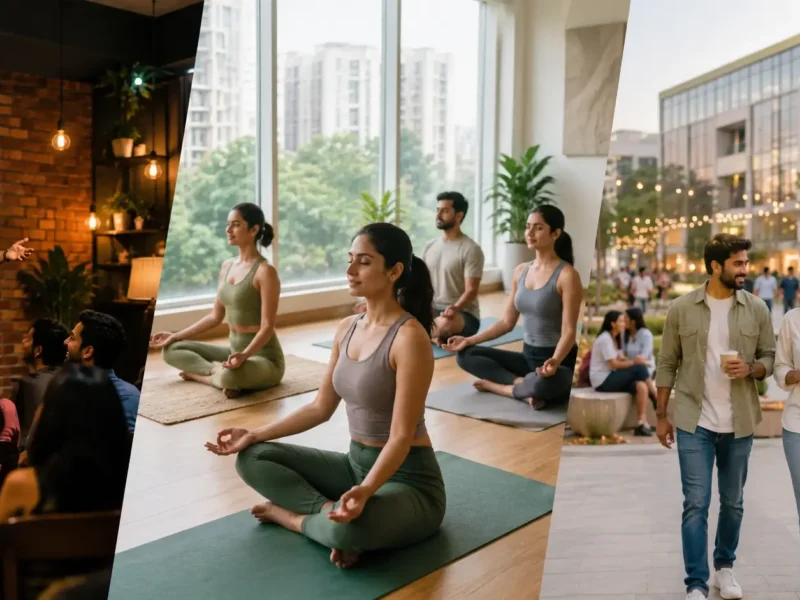 Weekend activities in Noida showing a comedy show, yoga session and modern urban lifestyle setting