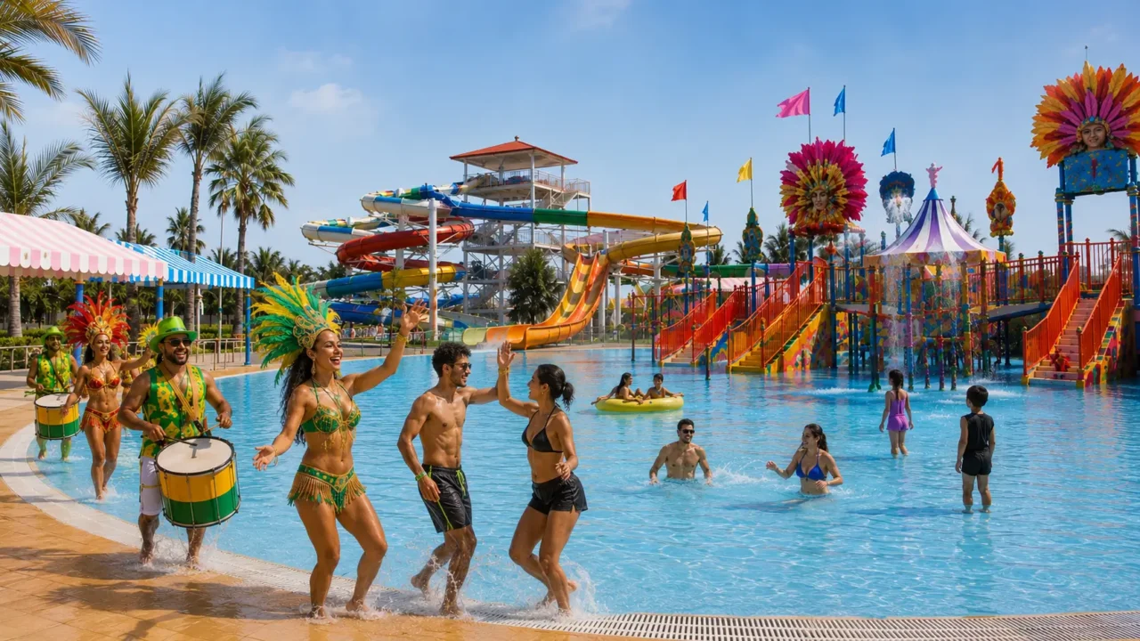 Brazilian-themed Splashverse 2026 water carnival at Worlds of Wonder in Noida with performers, pool crowds, and colorful water slides