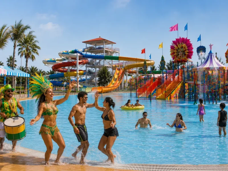 Brazilian-themed Splashverse 2026 water carnival at Worlds of Wonder in Noida with performers, pool crowds, and colorful water slides
