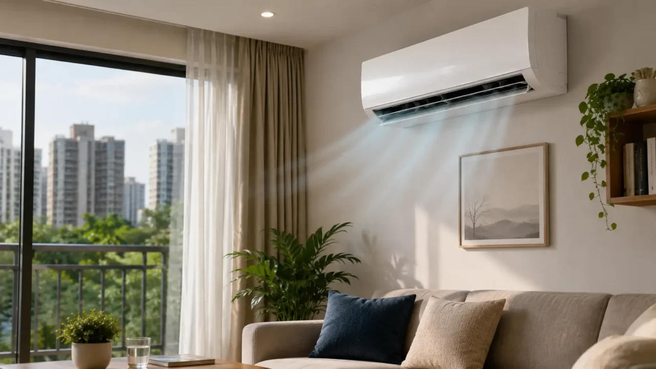 Split AC cooling a modern Noida apartment living room during summer and monsoon season