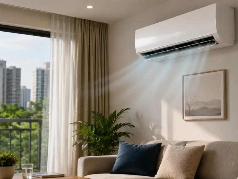Split AC cooling a modern Noida apartment living room during summer and monsoon season